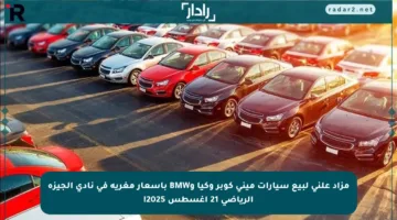 مزاد علني لبيع سيارات ميني كوبر وكيا وBMW بأسعار مغرية في نادي الجيزة الرياضي 21 أغسطس 2025!